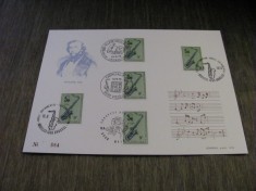 5 Timbre Obliterate cu Saxofon 9Fr, Ediție Limitată Echophil, Partituri Muzicale,Carton Filatelic Belgia 1973