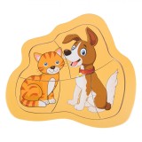 Puzzle Lemn, Model Pisică și C&acirc;ine, 5 Piese, Dimensiuni 15.5x14 cm, Oem