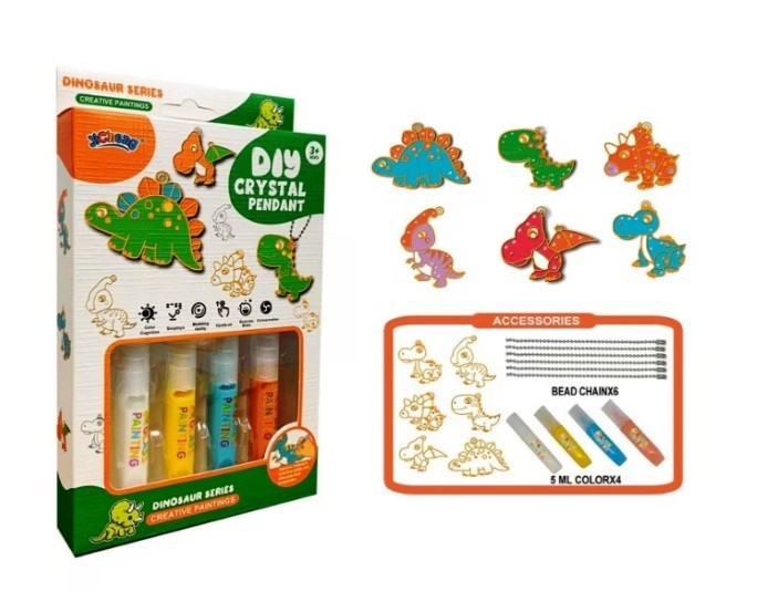 Set DIY Creeaza si Coloreaza Pandantive cu Cristale, Model Dinozauri, 4 Carioci incluse, Multicolor, +3 ani