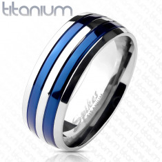 Inel din titan, cu două dungi albastre - Marime inel: 49