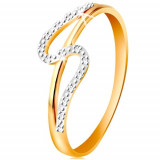 Inel cu diamante, realizat din aur de 14K, braţe drepte şi ondulate, diamante - Marime inel: 58