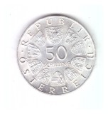 Moneda Austria 50 schilling 1967, 100 ani Blue Danube Waltz, stare foarte buna, cu luciu