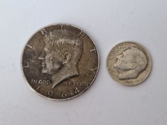US -Lot de Doua Monede din Argint -Half Dollar 1964 Kennedy -One Dime 1952 .