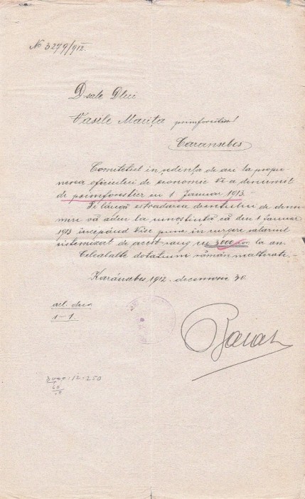 A3779N &Icirc;nștiințare de numirea &icirc;n funcția de primforestier, 1912, Caransebeș, Comunitatea de avere a fostului regiment confiniar rom&acirc;no-bănățean Nr 13