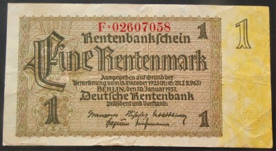Bancnota istorica 1 RENTENMARK - GERMANIA NAZISTA, anul 1937 *cod 203 foto