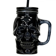 Pahar Sticlă, Butoiaș, Model Craniu, Culoare Negru, Capacitate 400ml