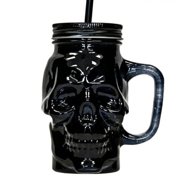 Pahar Sticlă, Butoiaș, Model Craniu, Culoare Negru, Capacitate 400ml