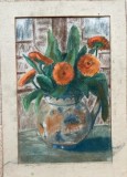 Tablou / lucrare Vas cu flori, tehnică mixtă pe carton subtire, 50 x 33 cm supraf lucrată, paspartu, semnatura indescifrabilă, foarte luminos expresiv