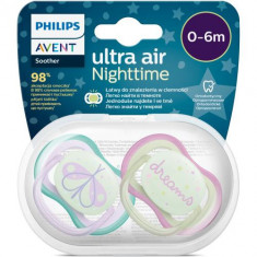 Set 2 suzete Philips-Avent SCF376/19, ultra air NightTime 0-6 luni, Ortodontice, fara BPA, Fosforescent, Dreams/Fluturas