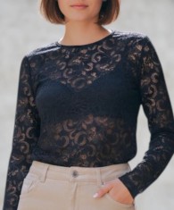 Bluză din Dantelă Elastică Slim Fit pentru Damă &ndash; Elegantă, Modernă și Versatilă - Negru - S