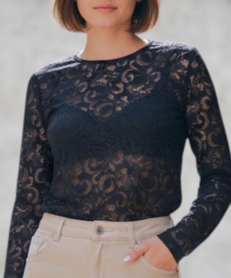 Bluză din Dantelă Elastică Slim Fit pentru Damă &amp;ndash; Elegantă, Modernă și Versatilă - Negru - XS foto