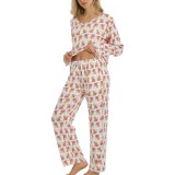 Set de pijamale pentru femei cu decolteu &icirc;n V, cu model animalier și dungi, două piese &ndash; Portocaliu L
