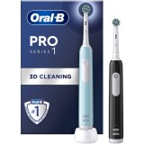 Set 2x Periuta de dinti electrica Oral-B Pro 1, Curatare 3D, 3 programe, 1 capat de periaj, Negru/Albastru