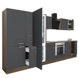 Mobilier de bucătărie Yorki 360, corp din stejar Yorki, fațadă antracit cu finisaj mat-lucios, cu element de gătit inferior, dulap cu rafturi și frigi