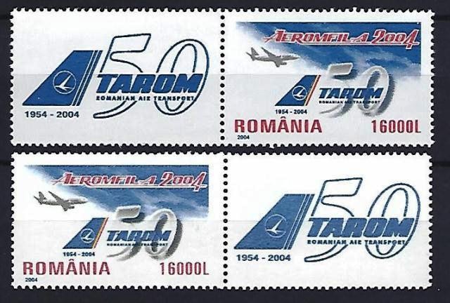 Romania 2004 - Lp 1646 a &ndash; TAROM - 50 de ani de existenta - cu vinieta stanga + vinieta dreapta, MNH ***