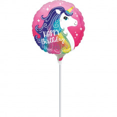 Balon Mini Folie PinkUnicorn 23 cm umflat + bat si rozeta, Amscan 39644 foto