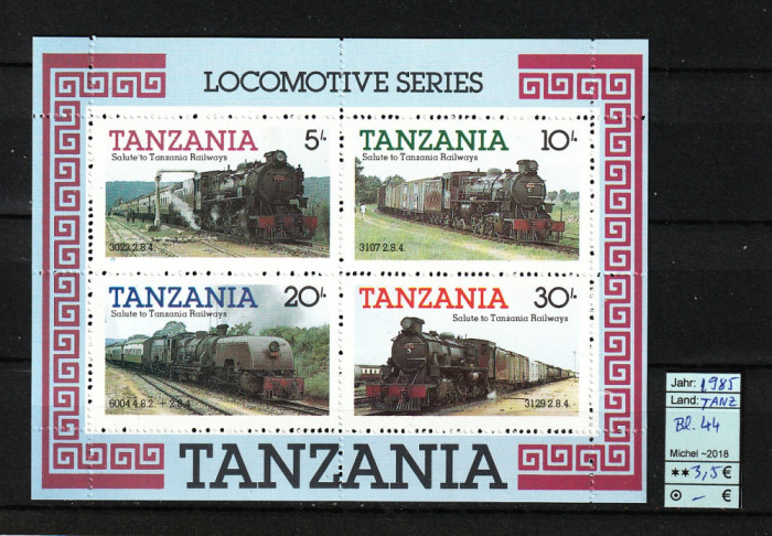 Tanzania, 1985 | Locomotive istorice - Căi ferate, trenuri | MNH | aph