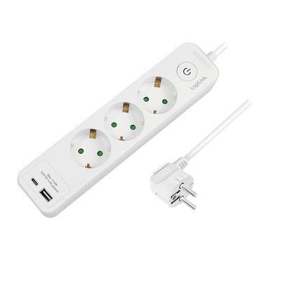 PRELUNGITOR LOGILINK, Schuko x 3, USB-A x 1, USB-C x 1, cablu 3G 1.5mm2, 230 V/16 A, 50 Hz, max. 3500 W, buton intrerupator iluminat, IP20, 2m, alb, &amp;quot; foto