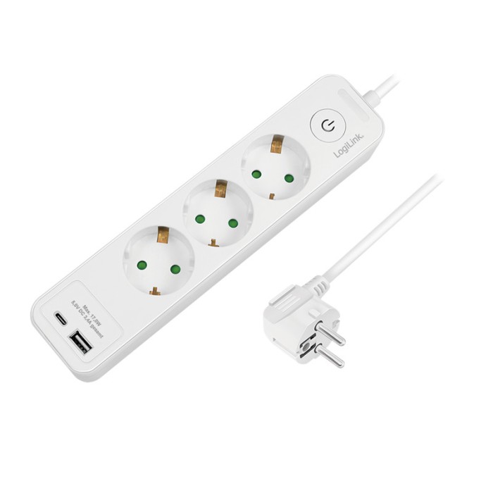 PRELUNGITOR LOGILINK, Schuko x 3, USB-A x 1, USB-C x 1, cablu 3G 1.5mm2, 230 V/16 A, 50 Hz, max. 3500 W, buton intrerupator iluminat, IP20, 2m, alb, &quot;