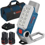 Bosch GLI 12V-330 + 1600A019R8 + 1619BZ0100 - Lampa + Set 2 acumulatori si incarcator Li-Ion 12 V 2 Ah + Geanta textila