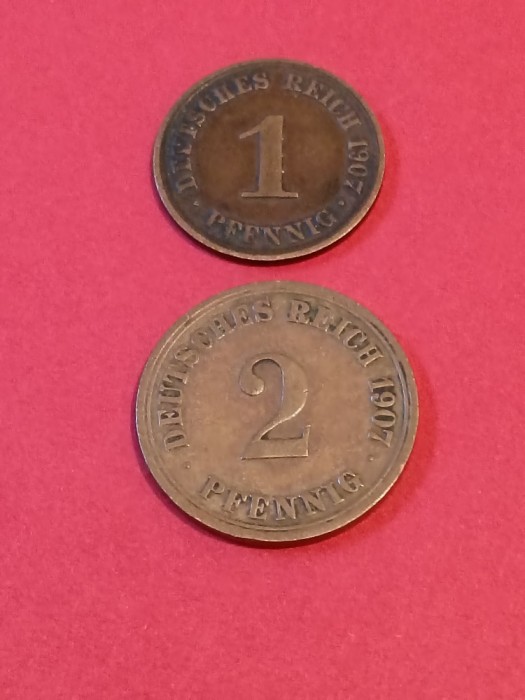 Lot 2 monede: 1 pfennig + 2 pfennig 1907 A, stari aUNC [poze]. Discount conform descriere [10 - 20 %. Vezi descrierea.].