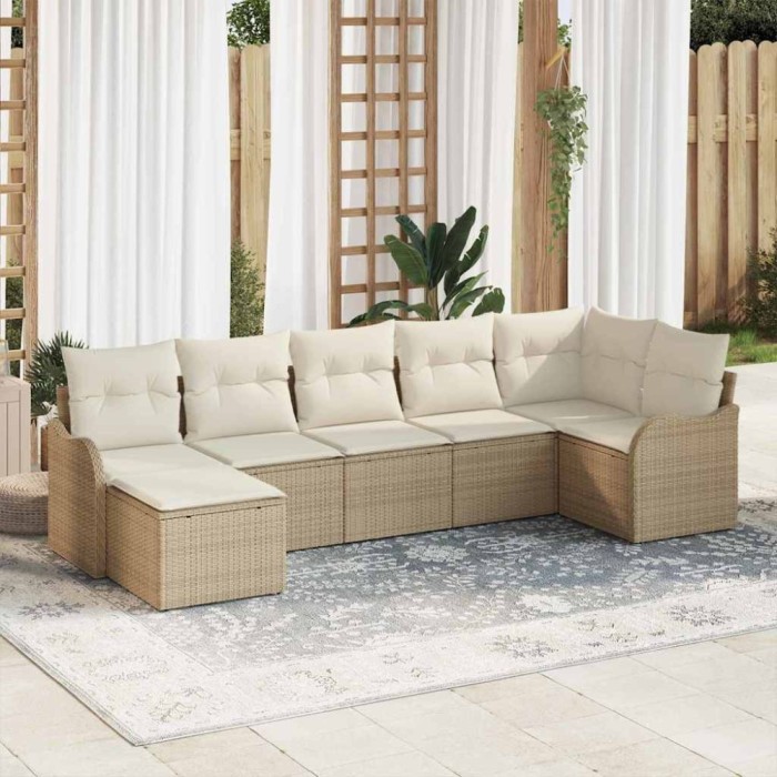vidaXL Set de canapele pentru grădină cu pernă 7 pcs Bej Rattan poli 3345791