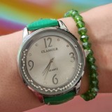 Set ceas casual de dama cu bratara inclusa, mecanism quartz, display analog, bratara verde, inchidere cu catarama
