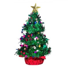 Brad de Crăciun Decorativ, Model Verde, &Icirc;nălțime 35cm, Globuri Roșii, Baza Roșie