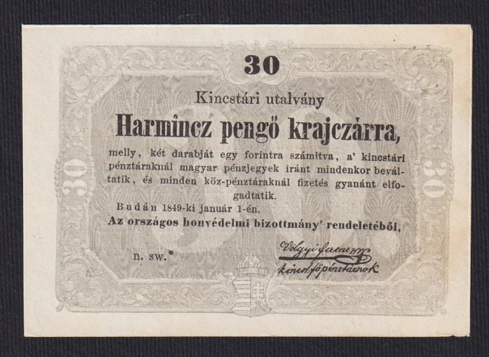 Ungaria / Romania - 30 Pengo Kraiczar 1849 UNC / Necirculata, scrisa in chirilica / romana veche