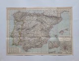 Harta Spania si Portugalia cu planurile oraselor Madrid si Lisabona, tiparita in anul 1895, 50 x 37 cm, Europa