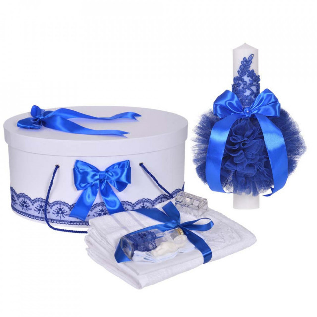 Set trusou botez, cutie trusou si lumanare, decor elegant dantela Albastra,