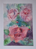 Pictura in acuarela neinramata - trandafiri roz, semnata din 2007, 17x24 cm, Flori, Realism