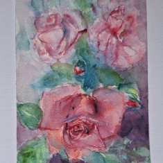 Pictura in acuarela neinramata - trandafiri roz, semnata din 2007, 17x24 cm