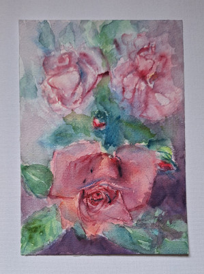 Pictura in acuarela neinramata - trandafiri roz, semnata din 2007, 17x24 cm foto