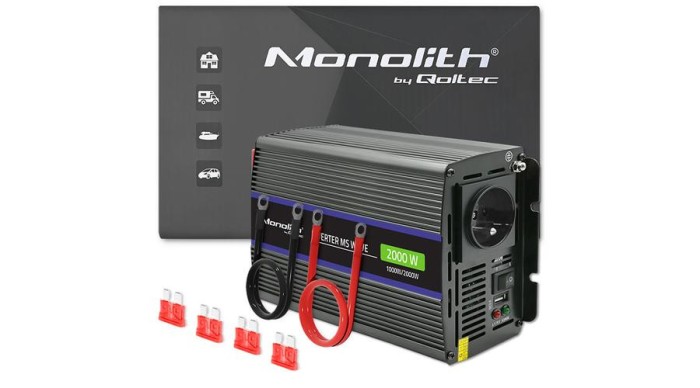 Invertor cu undă sinusoidală modificată monolit Qoltec 2000 | 12V &ndash; 230V | 1000/2000W | USB