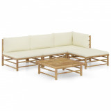 VidaXL Set mobilier de grădină, cu perne alb crem, 5 piese, bambus
