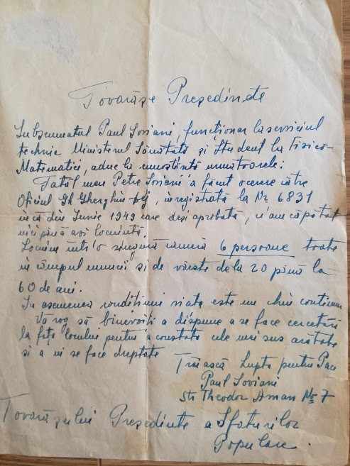 1950, Cerere locuință, București, Trăiască lupta pentru pace!, Str. Th. Aman Nr7