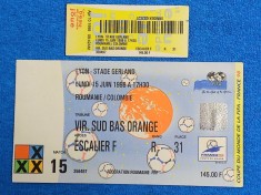 Bilet (de colectie 15.06.1998) meci fotbal ROMANIA - COLUMBIA (Campionatul Mondial FRANTA 1998)