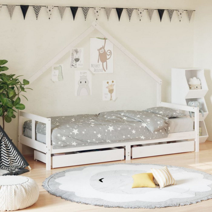 vidaXL Cadru pat copii cu sertare, alb, 80x200 cm, lemn masiv de pin 834550