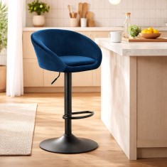Scaun de bucatarie/bar, Artool, East, rotativ, catifea bleumarin, picior metal negru, 53x46x81-103 cm