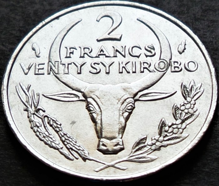 Moneda exotica 2 FRANCI KIROBO- MALAGASY MADAGASCAR, anul 1977 *cod 3845 C = UNC