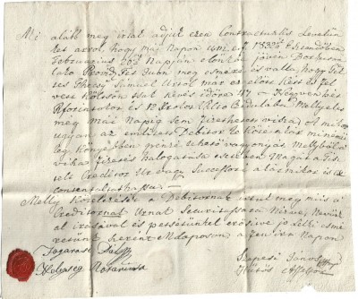 A3025N Act cu sigiliu personal &amp;icirc;n ceară roșie, 1832, Maramureș, locuitorul rom&amp;acirc;n Țeț Iuon &amp;icirc;mprumută o sumă de bani de la solgabirăul Tecsy Samuel foto