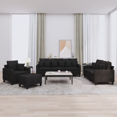 vidaXL Set de canapele cu perne, 4 piese, negru, material textil foto