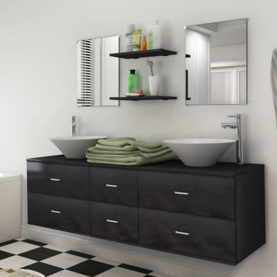 vidaXL Set mobilier de baie, 9 piese, cu chiuvetă și robinet, negru foto