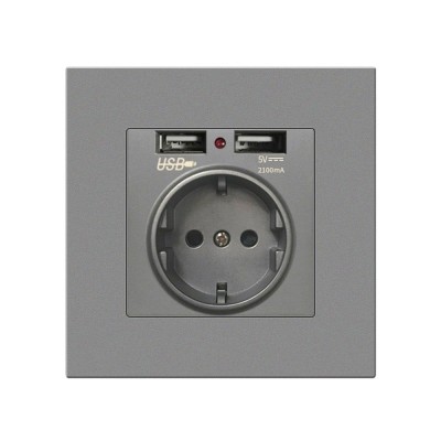 Priza de Perete cu 2 Porturi USB Techstar&amp;reg; TS-PC, 110-250V, 16A, Ignifuga, 86x86mm, Gri foto
