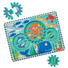 Puzzle educativ din lemn, cu rotite dintate, Oceanul, 8 piese, pentru copii 3 ani+, MelissaDoug 31003