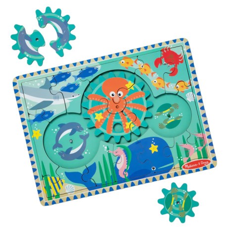 Puzzle educativ din lemn, cu rotite dintate, Oceanul, 8 piese, pentru copii 3 ani+, MelissaDoug 31003