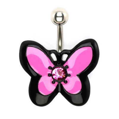 Piercing pentru buric realizat din oțel, fluture roz și negru cu zirconiu foto