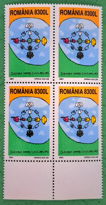 TIMBRE ROMANIA MNH LP1571/2001 Anul ONU dialog civilizații -Bloc de 4 timbre