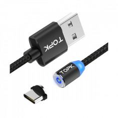 Cablu de incarcare magnetic, TOPK, LED, 1m, 2.4A USB Type-C USB-C, rotatie 360, compatibil cu telefoane mobile, negru